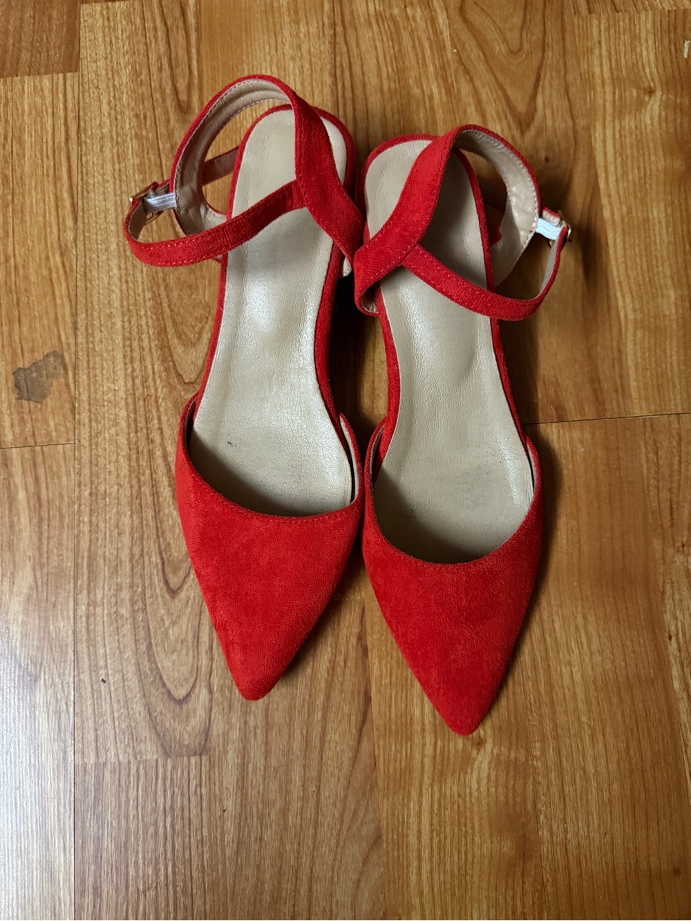 Red Suede Pointed Toe Ankle Strap Flats